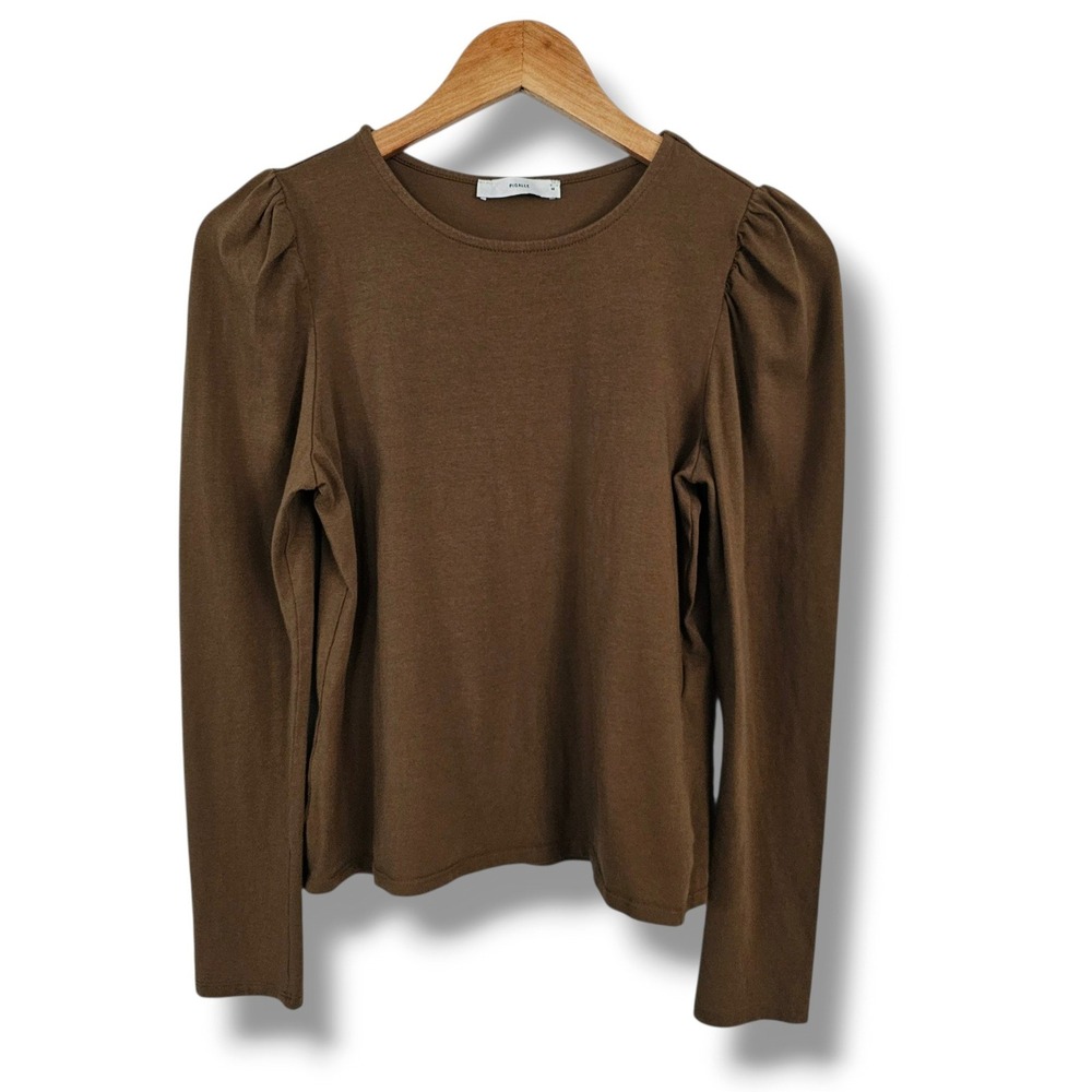 Pigalle Top M Womens Brown Puff Long Sleeve Minimalist Earthy Fall Victorian